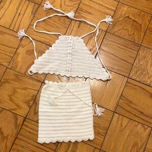 Crochet Halter Top and Skirt Set in Cream